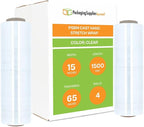 PSBM Stretch Wrap, 4 Pack, 15 Inch x 1500 Feet, 65 Gauge, Clear Plastic Cling, Cast Hand Stretch Film Rolls for Packaging Moving Packing Pallets