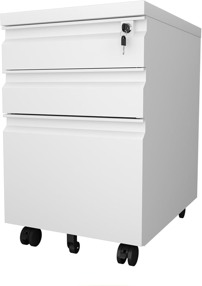 3 Drawer File Cabinet with Lock, Metal Mobile Filing Cabinet on Wheels, Under Desk Storage Cabinet for Home Office, Deep Drawers for Letter/Legal/A4 Files with Anti-Tip Design (White)