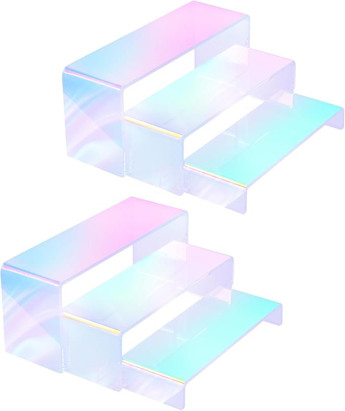 Iridescent Acrylic Display Risers, 6pcs Rainbow Display Stand Rectangular Stands Showcase Transparent Display Shelf for Dessert Cupcake Collectibles Figures Jewelry Perfume Christmas Decor