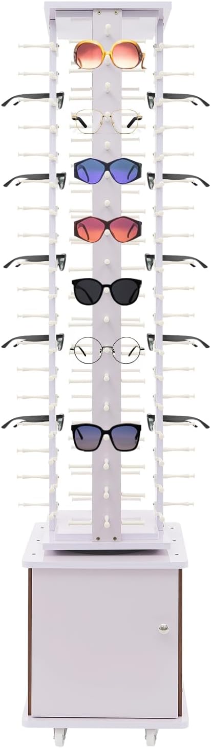 Sunglasses Display Stand, 72 Pairs Wooden 360° Rotating Sunglass Eyeglass Holder Organizer, Glasses Hanger Storage Rack for Retail Commercial Display, L14.2*H66.1in, White