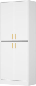 Cozy Castle Kitchen Pantry Cabinet, 71" Tall Wood Storage Cabinet with Doors and Shelves 4 Doors Freestanding Cupboard for Dining Room Living Room Bathroom Furniture, White