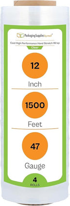 PSBM Stretch Wrap, 4 Pack, 12 Inch x 2000 Feet, 60 Gauge, Clear Plastic Cling, Cast Hand Stretch Film Rolls for Packaging Moving Packing Pallets