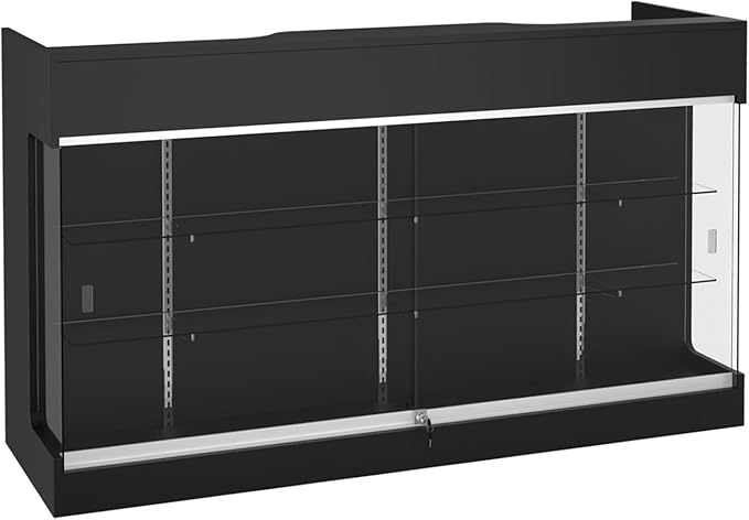 72" W x 22" D x 42" H - Glass Showcase Display Cabinet with Lockng, 6FT Ledgetop Counter with Showcase Front, Black Retail Counter Glass Display Cabinet