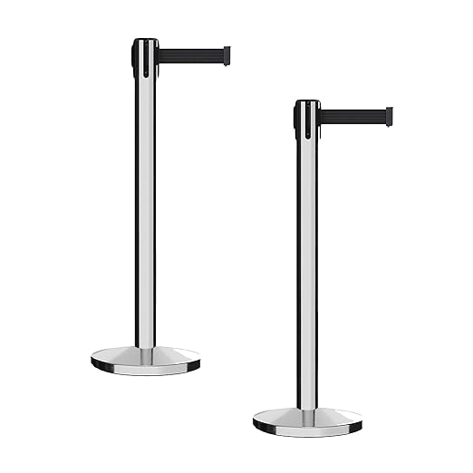 Montour Line MI650 Set of 2 Retractable Belt Barrier Stanchion, Cast Iron Base, Polished Stainless Steel Post (16 ft Black Belt)