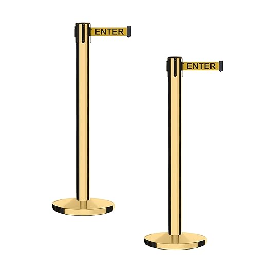 Montour Line MI650 Set of 2 Retractable Belt Barrier Stanchion, Cast Iron Base, Polished Brass Post (16 ft Yellow with"Caution - DO NOT Enter" Black Letters Belt)