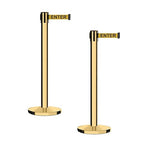 Montour Line MI650 Set of 2 Retractable Belt Barrier Stanchion, Cast Iron Base, Polished Brass Post (16 ft Yellow with"Caution - DO NOT Enter" Black Letters Belt)