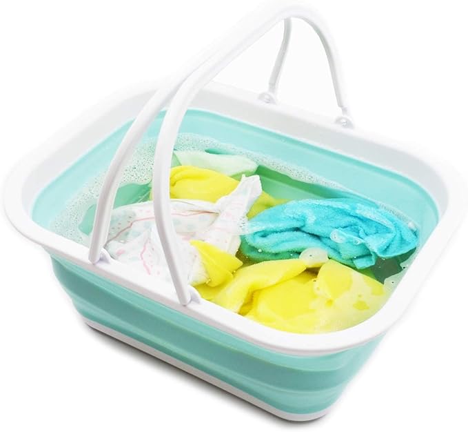 SAMMART 15.5L (4.1 Gallons) Collapsible Tub with Handle - Portable Outdoor Picnic Basket/Crater - Foldable Shopping Bag - Space Saving Storage Container (White/Lake Green)