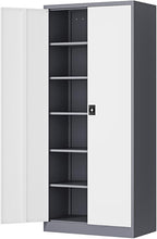Metal Storage Cabinet-71” Tall Steel File Cabinets with Lockable Doors and Adjustable Shelves-Gray&White Steel Storage Cabinet for Home,Kitchen, School, Office, Garage