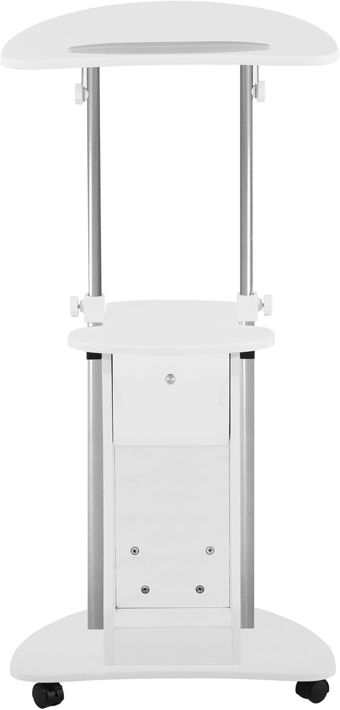Adjustable Height Rolling Laptop Cart with Storage, Sit to Stand Desk with Wheels, Podium Stand or Medical Cart, White