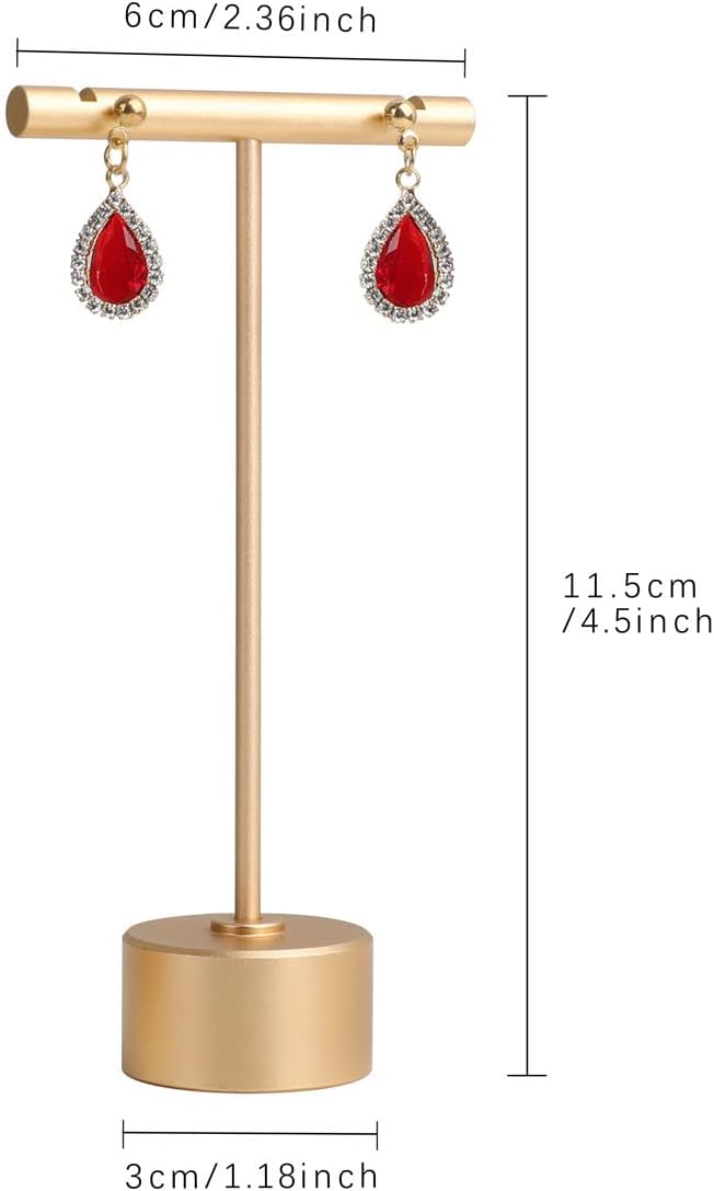 GemeShou Gold Metal Small Earring T Bar Stand Retail Display Holder, Retail Jewelry photography props for Show【Gold-Round Base Height 4.5"】