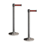 Crowd Control Warehouse CCW Set of 2 Retractable Belt Barriers Stanchion, Polished Stainless Steel Post, RBB-100 (9 Foot Belt, Black Horizontal Red Stripe Belt)