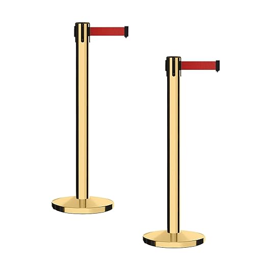 Montour Line MI650 Set of 2 Retractable Belt Barrier Stanchion, Cast Iron Base, Polished Brass Post (16 ft Red Belt)