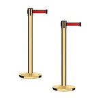Montour Line MI650 Set of 2 Retractable Belt Barrier Stanchion, Cast Iron Base, Polished Brass Post (16 ft Red Belt)