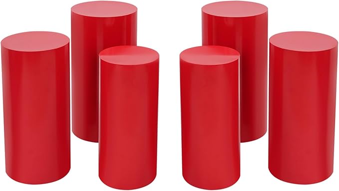 OUKANING 6 PCS Metal Display Pedestal Stands, Red Cylinder Display Stands Pillars, Decoration Cube Sculpture Display Column for Wedding Party Baby Shower Birthday, H27.56'', 26'', 23.62''
