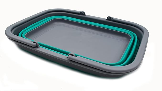SAMMART 9.2L (2.37Gallon) Collapsible Tub with Handle - Portable Outdoor Picnic Basket/Crater - Foldable Shopping Bag - Space Saving Storage Container (1, Grey/Bluish-Green)