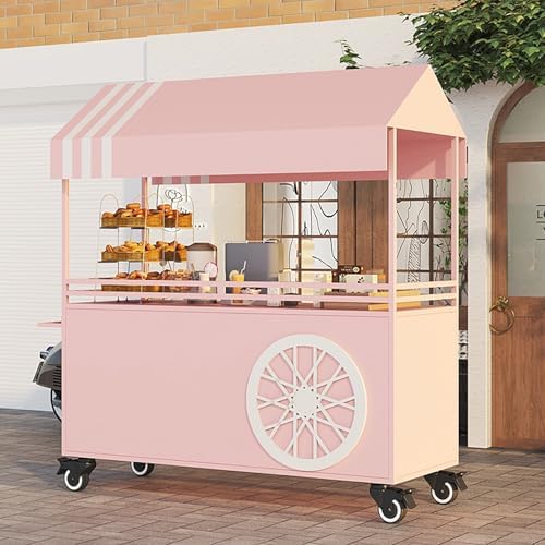 Portable Street Food Cart, Mobile Vendor Stall for Outdoor Events, Commercial Iron Food Cart for Markets, Food Truck Stand (Pink, 55in/140cm)