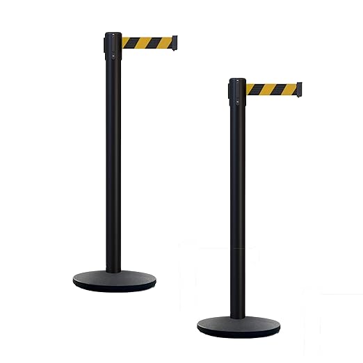 Montour Line MI650 Set of 2 Retractable Belt Barrier Stanchion, Cast Iron Base, Black Powder Coated Steel Post (16 ft Black and Yellow Diagonal Belt)