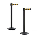 Montour Line MI650 Set of 2 Retractable Belt Barrier Stanchion, Cast Iron Base, Black Powder Coated Steel Post (16 ft Black and Yellow Diagonal Belt)