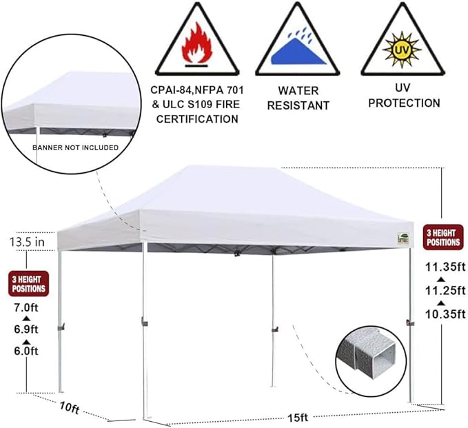 Eurmax USA 10'x15' Pop Up Canopy Tent Commercial Instant Canopies with Heavy Duty Roller Bag,Bonus 4 Sand Weights Bags (Grey)