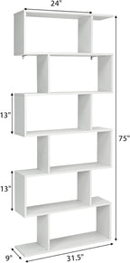 Tangkula 6 Tier S Shaped Bookshelf, 31.5''L x 9''W x 75''H, Wooden Bookcase and Bookshelves w/Anti-Toppling Device, Room Divider Display Shelves for Living Room, Home Decor, 6 Shelf Bookshelf