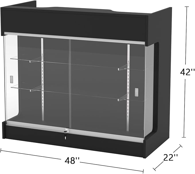 48" W x 22" D x 42" H - Tempered Glass Retail Display Case, Black Reception Desk, Retail Checkout Counter with Lockable Drawers, Suitable for Offices, Retail Stores and Boutiques