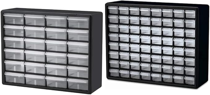 Akro-Mils 24 Cabinet 10724, Plastic Parts Storage Hardware and Craft Cabinet, Black & 10164 64 Drawer Plastic Parts Storage Hardware and Craft Cabinet, 20" x 15.75", Black