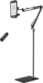 Tryone Tablet Floor Stand for Kindle Holder: E-Book Bed Mount with Page Turner Remote & Flexible Adjustable Arm, 1.85 kg Heavy-Duty Metal Base Compatible with Devices from 4.7-16.1 inches (Black)