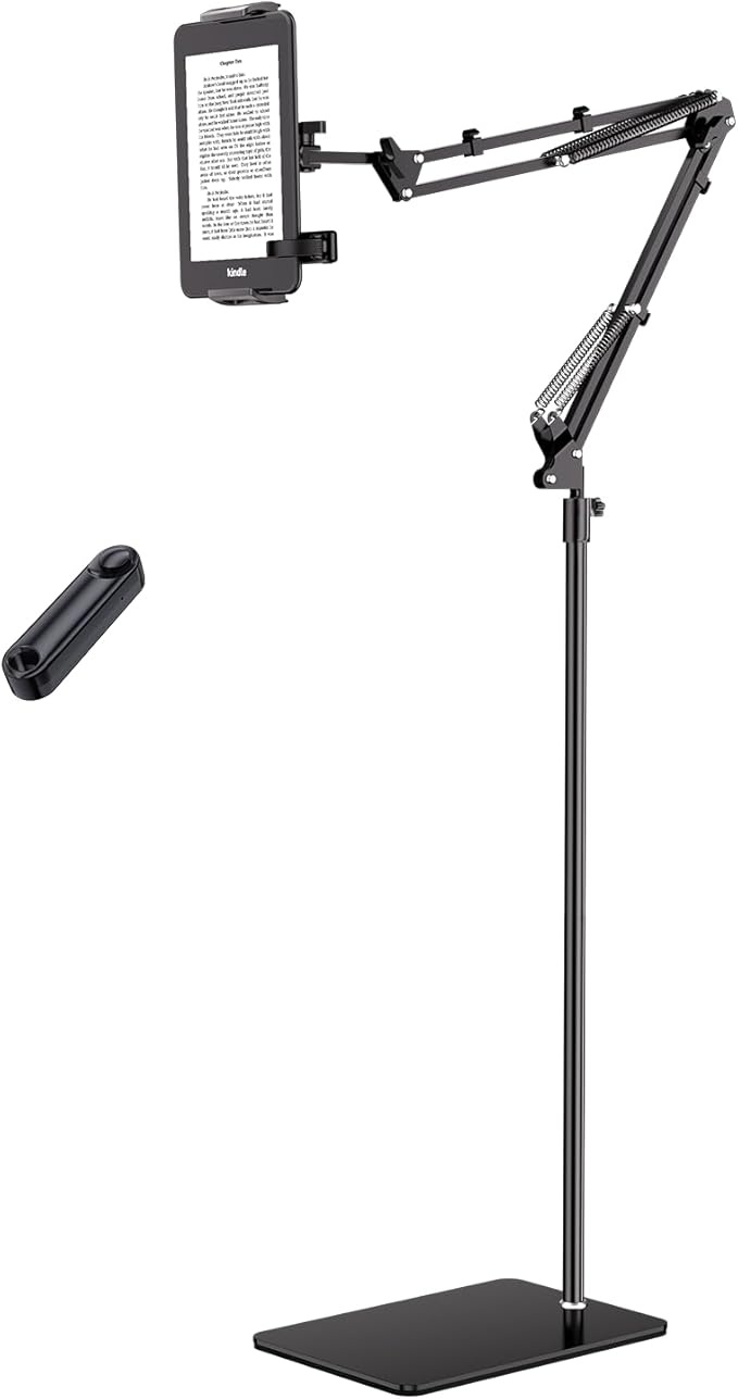 Tryone Tablet Floor Stand for Kindle Holder: E-Book Bed Mount with Page Turner Remote & Flexible Adjustable Arm, 1.85 kg Heavy-Duty Metal Base Compatible with Devices from 4.7-16.1 inches (Black)