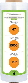 PSBM Stretch Wrap, 4 Pack, 15 Inch x 1500 Feet, 80 Gauge, Clear Plastic Cling, Cast Hand Stretch Film Rolls for Packaging Moving Packing Pallets