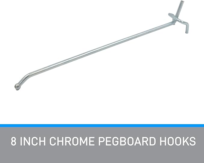 SSWBasics 8 inch Chrome Pegboard Hooks - Peg Hooks fits in 1/4" or 1/8" holes (20 Pack)- Chrome Metal Pegboard Hooks - Durable Peg Board Hooks for Retail and Home - Peg Board Tool Hangers for Organized Storage