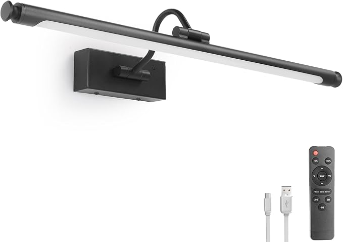 Black Wireless Picture Light, 23.6" Rechargeable LED Art Lamp with Remote, Dimmable Brightness, Timer & Adjustable Arm for Paintings, Mirrors, and Frames