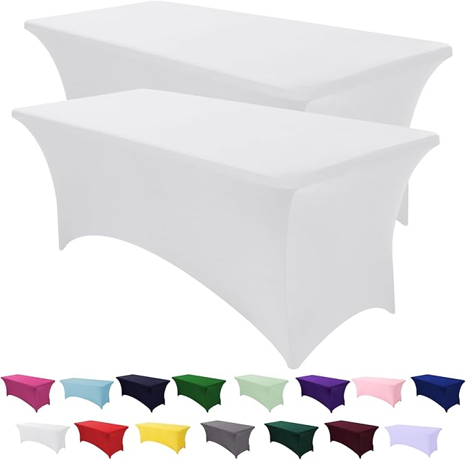 SEPARO Spandex Table Cover 2 Pack 6FT White Fitted Tablecloths,Washable Wrinkle Resistant Stretch Table Cloth Rectangle for Party Hosting Supplies,Wedding Decorations,Vendor Display,Banquet