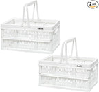 Plastic Basket Storage Crates,2-pack Plastic Baskets for organizing,Collapsible Shopping Basket,Foldable Crate with Handles,Collapsible Crate for Car,Kitchen,Bathroom,Medicine Grocery