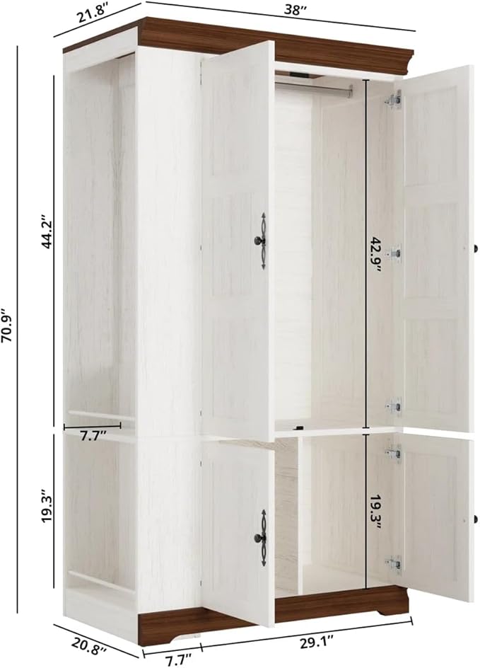 IRONCK Armoire Wardrobe Closet with Side Half Mirror, 70" Freestanding 4-Door Storage Cabinet for Bedroom, Features Side Hooks, Open Compartments, Hanging Rod & Shelves, White Armoire