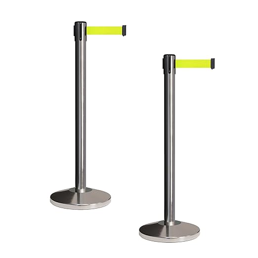 CCW Set of 2 Retractable Belt Barriers Stanchion, Polished Stainless Steel Post, RBB-100 (9 Foot Belt, Fluorescent Yellow Belt)