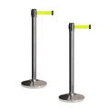 CCW Set of 2 Retractable Belt Barriers Stanchion, Polished Stainless Steel Post, RBB-100 (7.5 Foot Belt, Fluorescent Yellow Belt)