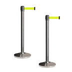 CCW Set of 2 Retractable Belt Barriers Stanchion, Polished Stainless Steel Post, RBB-100 (7.5 Foot Belt, Fluorescent Yellow Belt)