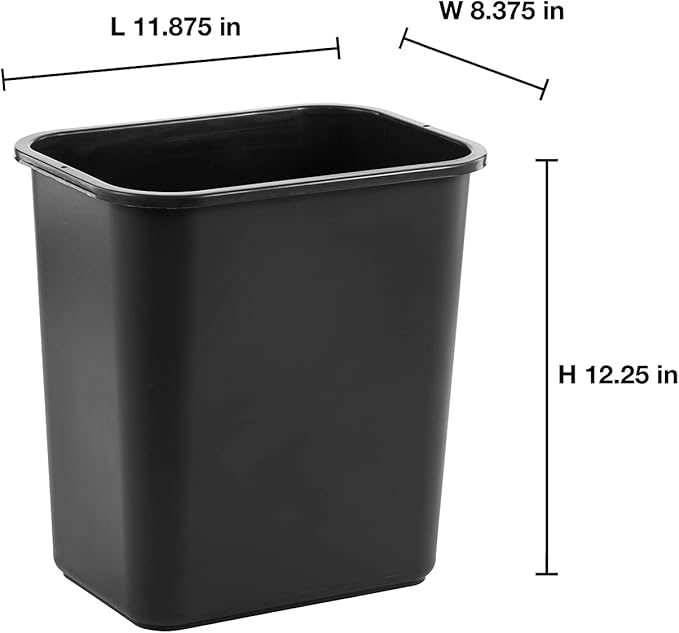 United Solutions 13 Quart / 3.25 Gallon Space-Efficient Trash Wastebasket, Fits Under Desk and Narrow Spaces in Commercial Office, Kitchen, Home Office, and Dorm, Easy to Clean, Black (Pack of 1)