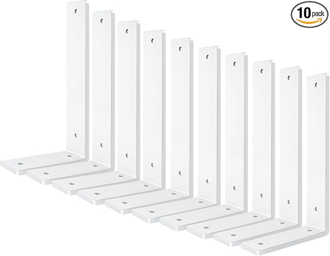 White Heavy Duty Shelf Brackets 8 Inch (10 Pack), Rustic L Floating Shelf Brackets, Wall Shelf Bracket for DIY Decorative with Mounting Hardware.