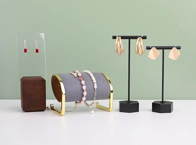 GemeShou Black Metal 2pcs Earring Display T Stand for Show, T Bar Jewelry Holder Tree for Retail Photography 【Black-Hexagon Base 2pcs Height 4.5" and 5.3"】
