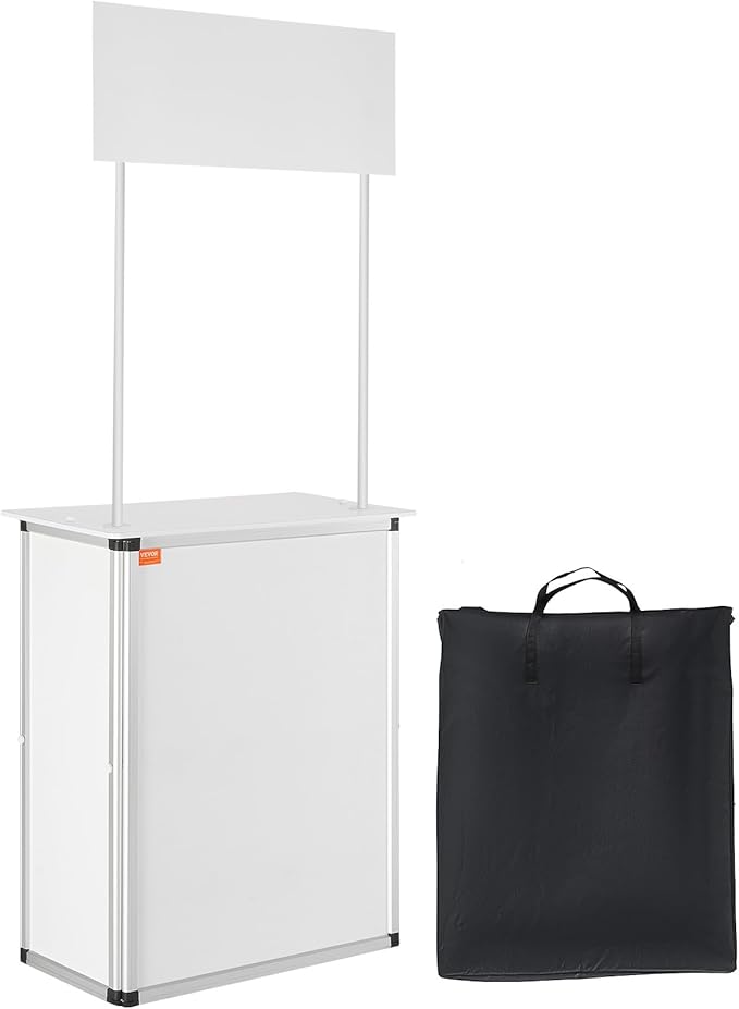 VEVOR Promotion Counter Table, Portable Tradeshow Podium Table, 30.91" x 14.96" x 71.46", Display Exhibition Counter Stand Booth Fair with Wall, Pop Up Podium with Storage Rack/Carrying Bag