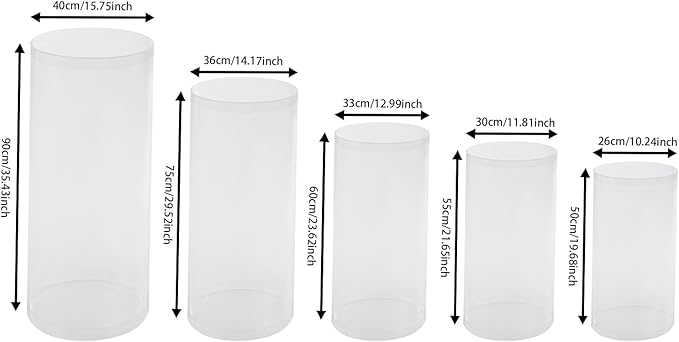 5 Pcs Wedding Cylinder Stands, Clear Acrylic Round Pedestal Stand, Floor Standing Clear Cylinder Stands for Wedding Birthday Party 19.6'', 21.6'', 23.6'', 29.5'', 35.4'' H