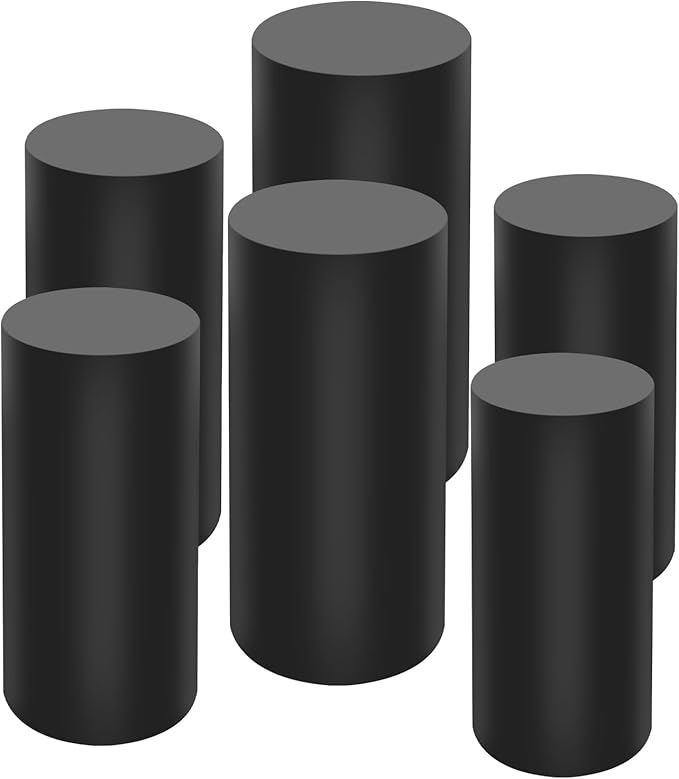 OUKANING 6 PCS Metal Display Pedestal Stands, Black Cylinder Display Stands Pillars, Decoration Cube Sculpture Display Column for Wedding Party Baby Shower Birthday, H27.56'', 26'', 23.62''