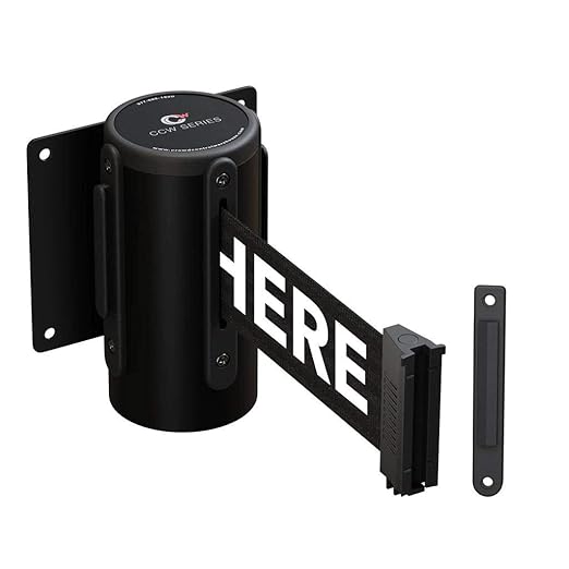 Crowd Control Warehouse - CCW Series WMB-120 Fixed Wall Mount Retractable Belt Barrier - 11 Foot, Black"Please Wait HERE" Belt with Black Steel Case, Crowd Control Barriers