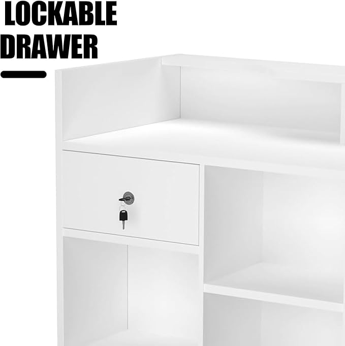 48" W x 22" D x 42" H - Retail Sales Counter with Adjustable Glass Shelves, Tempered Glass，White Laminated Particle Board, Locking Drawers