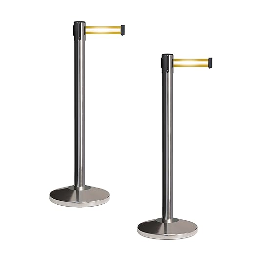 CCW Set of 2 Retractable Belt Barriers Stanchion, Polished Stainless Steel Post, RBB-100 (7.5 Foot Belt, Yellow Horizontal Reflective Stripe Belt)