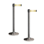 CCW Set of 2 Retractable Belt Barriers Stanchion, Polished Stainless Steel Post, RBB-100 (7.5 Foot Belt, Yellow Horizontal Reflective Stripe Belt)