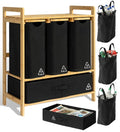 4 Section Recycling Bin for Kitchen – Dual Trash and Recycle Bins for Paper, Plastic, Cans – Indoor Bamboo Recycling Organizer – Decorative Wooden Recycle Bins for Kitchen & Office