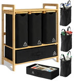 4 Section Recycling Bin for Kitchen – Dual Trash and Recycle Bins for Paper, Plastic, Cans – Indoor Bamboo Recycling Organizer – Decorative Wooden Recycle Bins for Kitchen & Office
