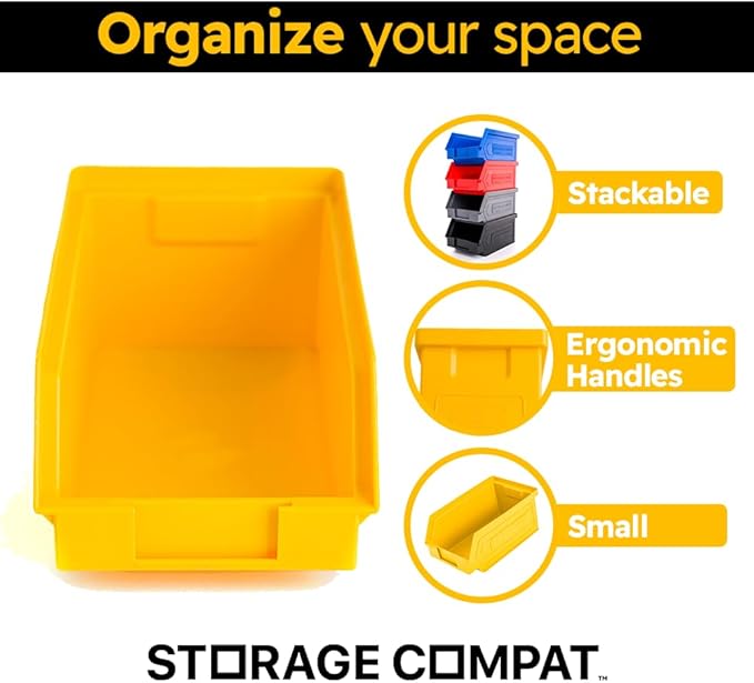 24 Pack Small Storage Bin, Wall Mount Storage, Hanging and Stacking Bin, Freestanding | 7” x 4” x 3” Plastic Container | Yellow | Zeus 1PLZ05 | StorageCompat